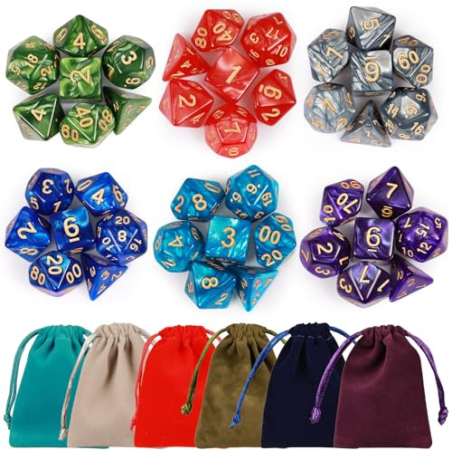 DND Dice Set, 6 x 7(42 Piece) Polyhedral Dice Set With 6 Drawstring Pockets,for Dungeon and Dragons MTG Table Games RPG, 6 Set Dice Includes D4 D6 D8 D10 D% D12 D20