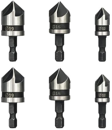 6 Pcs 1/4 Inch Hex Shank Countersink, 12mm/16mm/19mm Countersink Set, Drill Bit 5 Flute 90 Degree Chamfering Bits, High Carbon Steel Bits for Wood Plastic Soft Metal Fiberboard Plywood DIY Projects