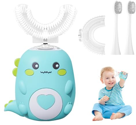 Hojalis Lulabini Dinobrush, Auto-Schallzahnbürste Für Kinder Mit 2 U-Förmigen Silikonbürstenköpfen & 2 Bürstenkopf, Elektrische Kinderzahnbürsten Mit Dino-Look Licht, Elektrische Zahnbürsten Kinder