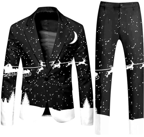 Costume de Noël Homme 2 pièces – Veste de Costume imprimée à Manches Longues et Pantalon de Costume – Ensemble élégant, Festif et Tendance pour fête, réveillon, Bureau, soirée de Noël