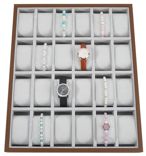 WADORN 24 Plateau de Rangement de Montres et Bijoux avec Coussins Amovibles Présentoirs de Montres en Bois Boîtes de Rangement pour Bracelets Tiroirs à Colliers Vitrines, Brun