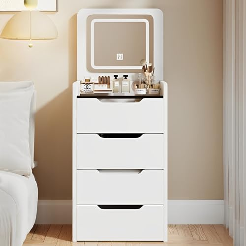 Sminkbord med flip-top spegel och LED-lampor, integrerat sminkbord för små utrymmen, dold ottoman och sängförvaring, vit, 59,9 cm
