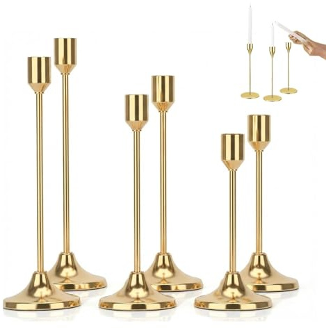 GMBANK 6Pcs Gold Metal Candle Holders Set in 3 Graduated Heights