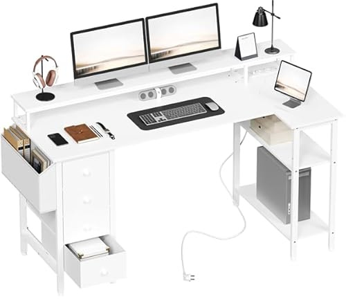 Yaheetech Scrivania Angolare con Cassetti, 140×68 cm, Scrivania ad Angolo Reversibile con Prese di Corrente e Porta USB, Scrivania Salvaspazio a L con Scaffali Portaoggetti Tavolo, Bianco
