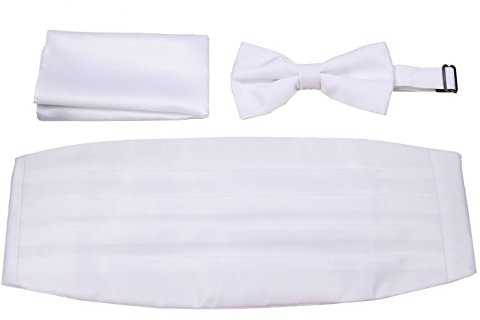 Herren-Kummerbund aus gewebtem Satin, vorgebundene Fliege, Einstecktuch, viele einfarbige Farben erhältlich, Weiß, Einheitsgröße