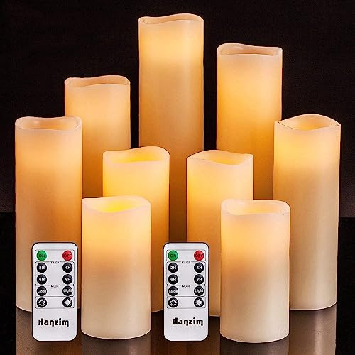 Hanzim Flameless Flickering Battery Operated Candles D2.2''*H4 5 6 7 8 9 Set of 9 Ivory Real Wax Pillar LED Candles with 10-Key Remote and Cycling 24 Hours Timer (Ivory)
