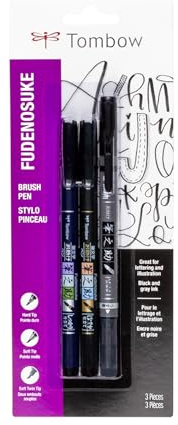 Tombow 62039 Fudenosuke Brush Pens, 3-Pack. Soft, Hard, and Twin Tip Markers for Calligraphy and Art Drawings