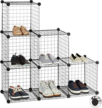 Relaxdays Regalsystem Drahtgitter, 6 Fächer, Offenes Steckregal, Fächergröße 35 x 35 cm, DIY Stufenregal Würfel, schwarz