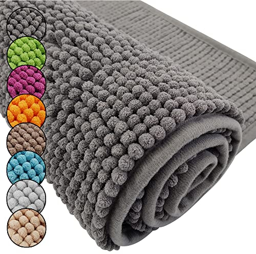 DILUMA Badematte Chenille 70x120 cm Grau Rutschfester Hochflor Badteppich Wellness Badvorleger Saugfähig und Flauschig