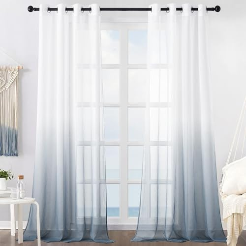 MRTREES Faux Linne voile gardiner 96 Inch Drop 2 Paneler Gradient Eyelet Sheer Curtain Panel för Sovrum Vardagsrum Patio Door 55x96 Inch Drop 140cm x 245cm Grå