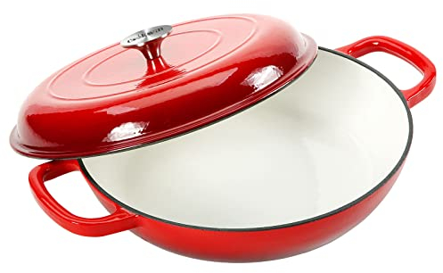 COOKWIN Cast Iron Casserole Braiser,3.8 L Enameled Cast Iron Pan,Heavy Duty Casserole Skillet with Lid and Dual Handles,Porcelain Surface Casserole Dish with Lid,Dutch Oven Gifts for Family,Red