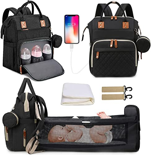 Fexkean Nappy Changing Backpack, Waterproof Multi-Function Large Capacity Diaper Baby Travel Bag with Bed 3 in 1 Foldable Crib Unisex for Mom and Dad Black