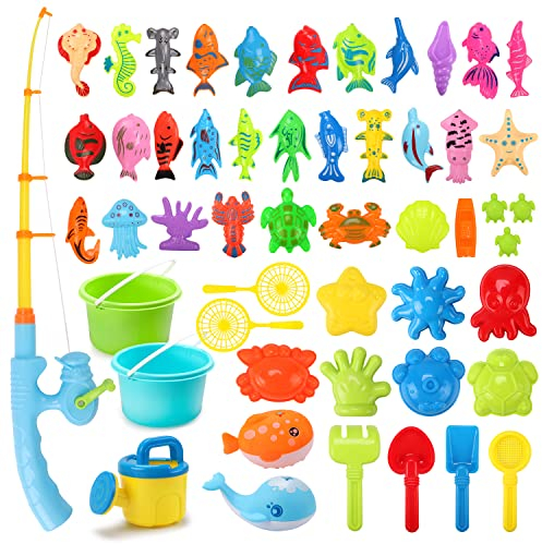 REMOKING 2 IN 1 Magnetic Fishing Toys Game & Beach Toys Set for Kids,Sand Toys for Toddlers W/Bucket,Sand Molds,Sand Shovel Tools,Fishing Games for Baby Bath Toys,Outdoor Toys for kids 3-10 Age