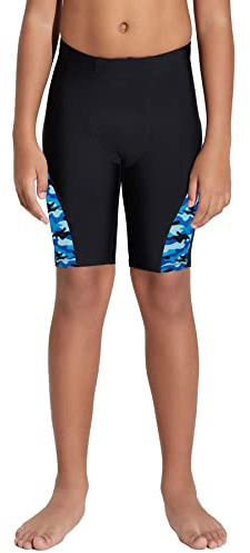LEAO Youth Boys Swim Jammers Solid Swimsuit UPF 50+ Sun Pretection Quick Dry Athletic Swimming Shorts Black/Camo M