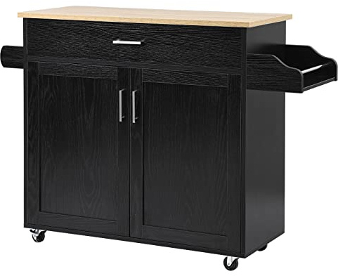 GOPLUS Carro de Servicio con cajón y Armario, Carro de Cocina rodante, Carro Lateral con división Ajustable, 2 Ruedas con Freno, de Madera, en Estilo casa de Campo, para Cocina Restaurante (Negro)