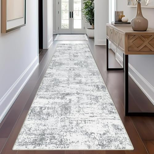 Cekene Abstract Carpet Runners Non-slip Grey 65x240cm Soft Thin Runner Rugs for Hallway Machine Washable Low Profile Floor Carpet for Indoor Kitchen Bedroom