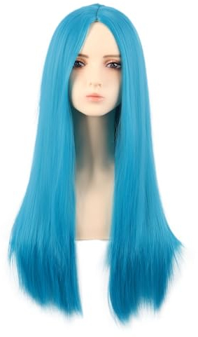 MapofBeauty 28 Pollice/70 cm Monochrom Lungo Lisci Parrucche Alto-temperatura fibra Ordinario Parrucche (Ciano Blu)