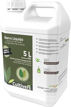 CULTIVERS Hierro Liquido para Plantas 5 L. Abono Hierro Corrector de Carencias. Reverdeciente de Hojas. Previene y Cura del amarillamiento de las Hojas en Plantas, hortalizas y árboles.