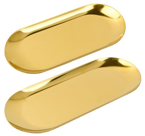 Dokeno 2 Pezzi Vassoio da Servizio Oro Vassoio Decorativo Ovale Vassoi Portaoggetti in Acciaio Inossidabile per Gioielli Cosmetici Frutta Dessert Candele (18cm+22cm)