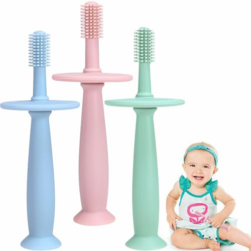 OKONKN Zahnbürste Mit Saugfuß Beißring, Spielzeug 0-12 Monate, Zahnungshilfe, Handschuh Beissring, BPA-frei Nursing Zubehör für 3+ Monate Babys (3 Stück)
