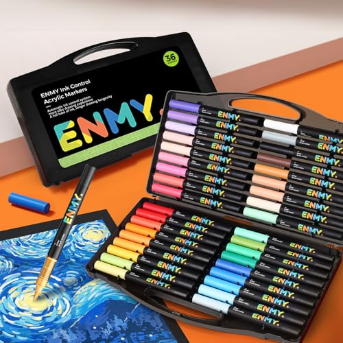 ENMY Flüssige Acryl-Malstifte im Set mit 36 Farben direkt aus der Tube, Acryl-Malstifte, Textilstifte für Textilien, Leinwände, Steine, Glas, Holz, Papier, DIY, Marker