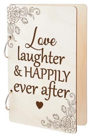 SUPERDANT Wooden Loose Leaf Binder Love Laughter Happily Ever After Greeting Card Organizer Book Postcard Photo Album 2-Rings Cover Gift Birthday Card Storage Box Card Keepsake