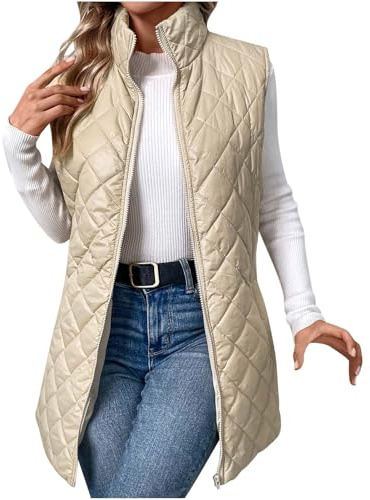 OVARA Chaleco Acolchado para Mujer de Línea Larga Cuello Alto Ligero con Cremallera Chaleco Acolchado Térmico Cómodo Casual Liso Chaleco Puffer Chalecos para Damas Calentadores Corporales Chaqueta