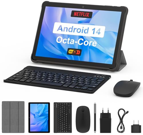 Tablet 10 Zoll mit Tastatur: Android 14 Octa-Core 8GB+64GB 1TB TF Tablet PC - WiFi 6 2.4G Bluetooth 5.0 5000mAh 1280*800 FHD Dual Kamera mit Tastatur, Maus, Typ C, Adapter, Hülle, OTG-Adapter, Stift