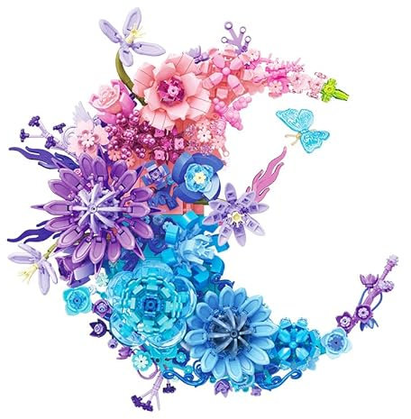 Flowers Building Set of Crescent, Moonflower Building Block Kit Artificial Floral Building Brick Sets for Adults, Hanging Botanical Blocks Table Wall Home Office Decoration Gift for Her/Him (A)