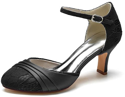 KUHAOFEU Women Elegant Kitten Heel Mary Jane Pumps Ankle Strap Round Closed Toe Cut-Out Dress Sandals Lace Satin Wedding Bridal Shoes,Black,10 UK