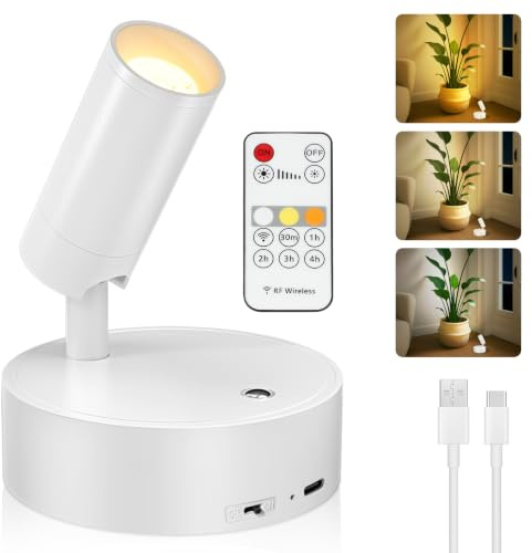 Kimjo Aplique Pared Interior sin Cable Recargable, Lámpara de Pared Blanco | USB Focos de Pared de Interior a Pilas, 350° Giratorio Foco LED Inalámbrico con Mando a Distancia para Planta, Obra Arte