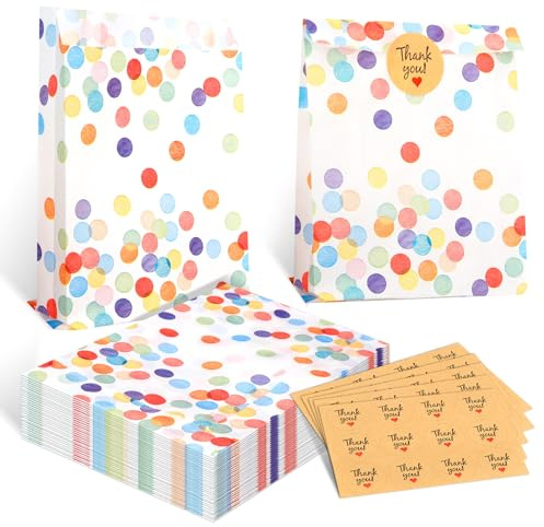 50 Stück Geschenktüten Kindergeburtstag, Geschenktüte aus Papier mit 60 Aufkleber, Mitgebsel Tüten Geburtstag, Geburtstagstüten Kinder, Papiertüten, für Geburtstagsfeier, Hochzeit, Feiern