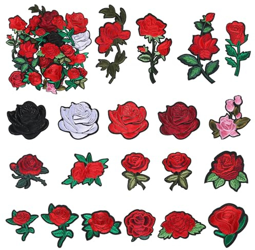 20 PCS Iron on Patches, Patches for Clothes Rose Embroidery Patch Cute Fabric Repair Patch Embroidered Sew on Patchs for Clothes Hats Jeans Jacket Shoes Bags Dress