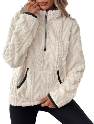 ROFUSSO Felpa Morbida da Donna Maglia Invernale in Pile a Maniche Lunghe Felpa Casual Invernale Maglione Caldo in Sherpa con Tasche(Bianco,M)