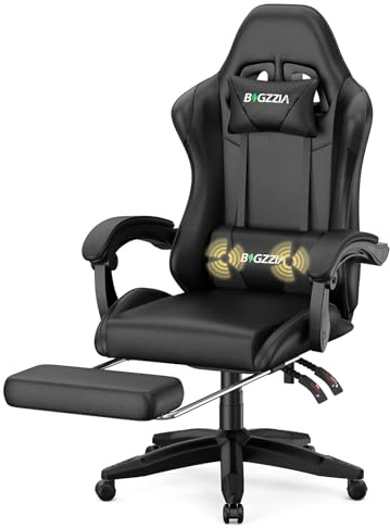 Racingreat Gaming Chair with Massage & Footrest | High-Back Ergonomic Chair | Adjustable Lumbar Support & Headrest for Office & Home (Black)