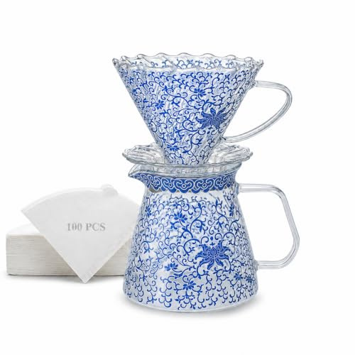 SINOTE’CA Caffettiera Pour Over Stile V60 in Vetro Borosilicato 450ml, Dripper in Vetro con Coperchio e 100 Filtri di Carta Bianchi Misura 02, Set per Caffè Filtro Manuale