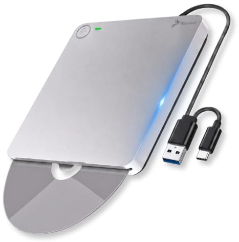 Reagle Extern CD/DVD-enhet, slot in DVD-brännare USB 3.2 Gen 1 med USB-C/USB-A 2-i-1, 24 x CD 8 x DVD, integrerad kabel, plug and play för bärbar dator, bärbar dator, stationär dator, Windows, macOS