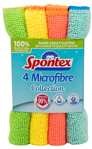 Spontex Microfibre Cloths for Cleaning | 4 Microfibre Collection Cleaning Cloths | For Use as Dusters, Dish Cloths & Kitchen Towels | 30 x 30cm | Assorted Colours | 4 Count