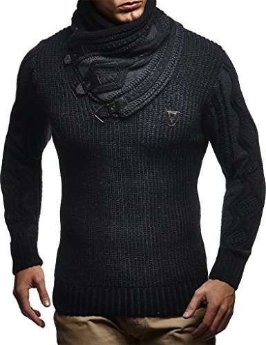 Leif Nelson Men's Pullover Knit Sweater Chunky Knit Shawl Collar LN-5195 Anthracite Black X-Large