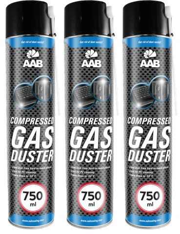 AAB Druckluftspray 3 x 750ml, Druckgasreiniger, Druckluft aus der Dose für die Reinigung von Tastatur Bildschirmen, Konsolen, Kopierer, Gehäuse, Luftdruck-spray, Druckluftreiniger, Air Duster