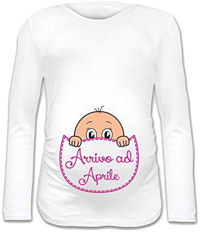 Babloo T Shirt Maglia Premaman in Arrivo a Aprile Bianca Femminuccia L Manica Lunga