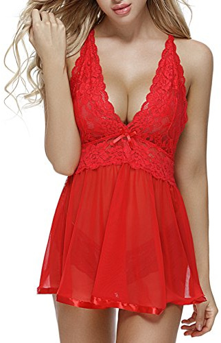 Charmnight Women Babydoll Sexy Lingerie Lace Sleepwear Nightwear Set (red-S)