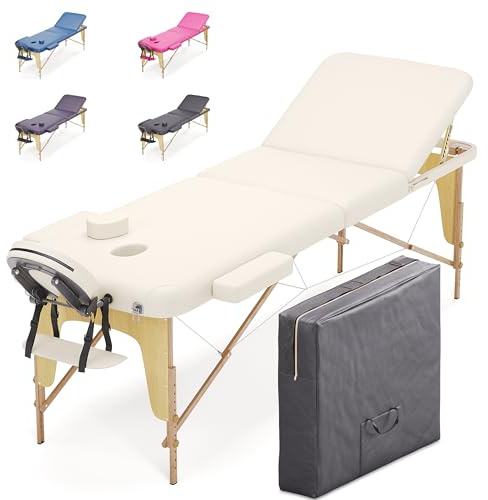 BELTOM® Table de Massage 3 Zones Classique Portables 180 x 56 cm. - ne pèse Que 13,2 kg. et avec Accessoires 15,5 kg. - Cosmetique lit esthetique Pliante Reiki + Sac - Crème