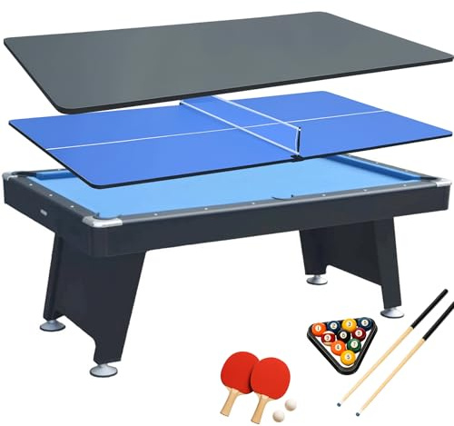 DEVESSPORT Mesa de Billar 3  en 1 Negro - Billar, Ping Pong y Mesa de Comedor Incluye Todos los Accesorios, Fabricado de MDF, niveladores de Patas y Dimensiones 215x121x78cm