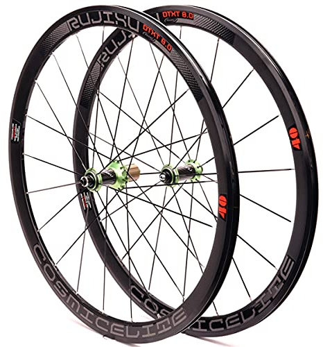 RUJIXU 700c Rennrad-Laufradsatz Rennrad Laufrad Doppelwandige Felgen 40mm 8-11 Geschwindigkeit Kassette Kohlefaser-Nabe Schnellspannrad Felgenbremse 1900g (Color : Green hub, Size : 700C)
