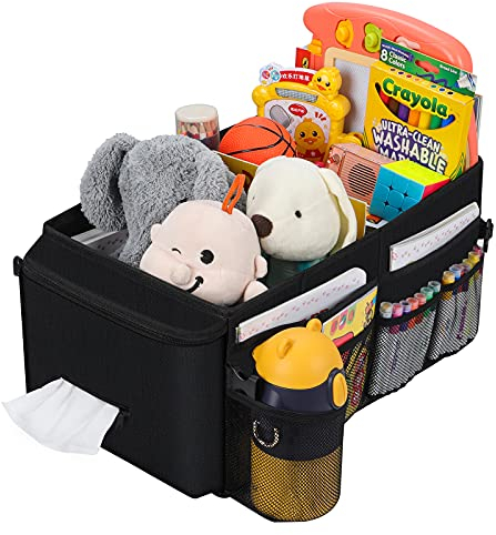 Auto Organizer Kinder, Autositz Organizer Rücksitz & Beifahrersitz, Zusammenklappbar Sitz Organizer Auto Oxford Aufbewahrungsbox mit Griffen und 8 Netztaschen für Spielzeug Bücher Snacks Wasserbecher
