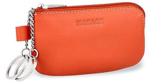 MANAGE Schlüsseletui mit 2 separaten Reißverschlussfächern aus echtem Leder in Orange für Damen und Herren, kompakte Schlüsseltasche für Schlüssel und Autoschlüssel