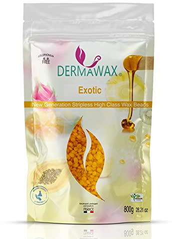 Dermawax 800g Papaya Vegan Wachs- Hypoallergen Wachsperlen zur Haarentfernung Brazilian Waxing Intim Bikinizone Achseln Rücken Enthaarung ohne Vliesstreifen (0,8 kg, Exotic)