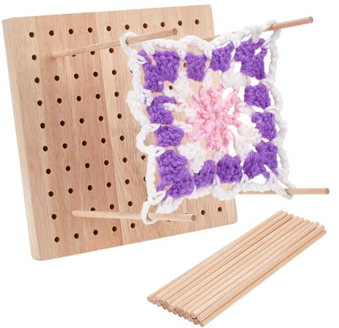 BENECREAT Tabla De Bloques De Ganchillo De 16 X 16cm, Tabla De Bloques De Madera Cuadrada Con 20 Varillas Redondas De Madera De 15cm (Longitud) Para Tejer Y Ganchillo Hechos a Mano Para Coser