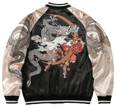 JYHBHMZG Veste Sukajan brodée pour femmes et hommes. Satin Dragon Phoenix.Vêtements de baseball d'automne, Veste Dragon, Large